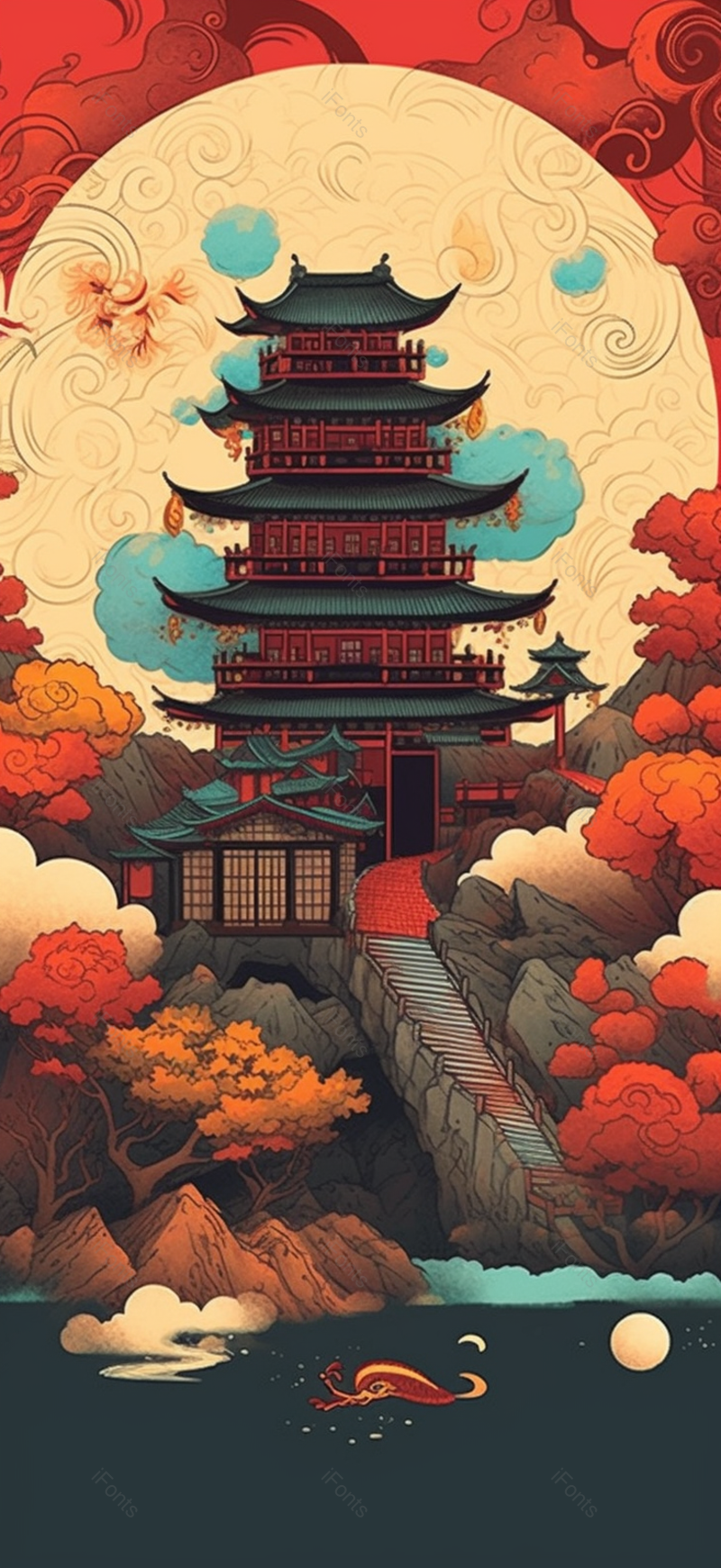 中国风亭台楼阁建筑祥云背景插画手绘图,插画/手绘图,插画/手绘图库,插画/手绘图下载,插画/手绘